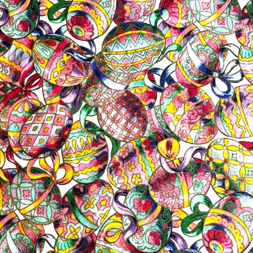 Vintage Easter Egg Printed Cotton Tablecloth 65" round pink blue yellow green